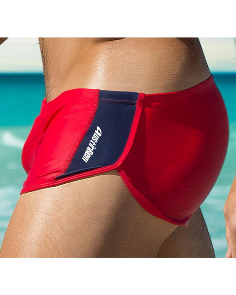 

Color Block Splicing Letter Low Waist Skinny Swim Underpants, Red