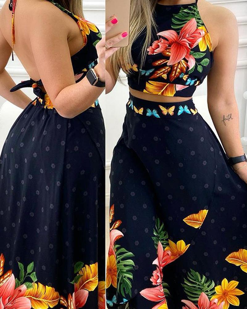 Halter Backless Butterfly Floral Print Crop Top & High Waist Skirt Sets