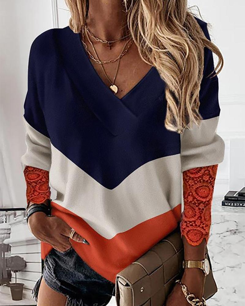 

Colorblock Contrast Lace Long Sleeve Top, Orange
