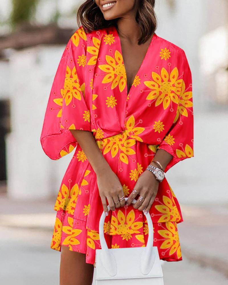 

Plunge Bell Sleeve Layered Floral Print Dress, Hot pink