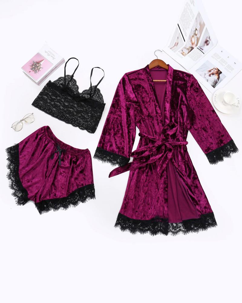 

3PCS Lace Trim Cami Set With Belted Velvet Robe, Wine red