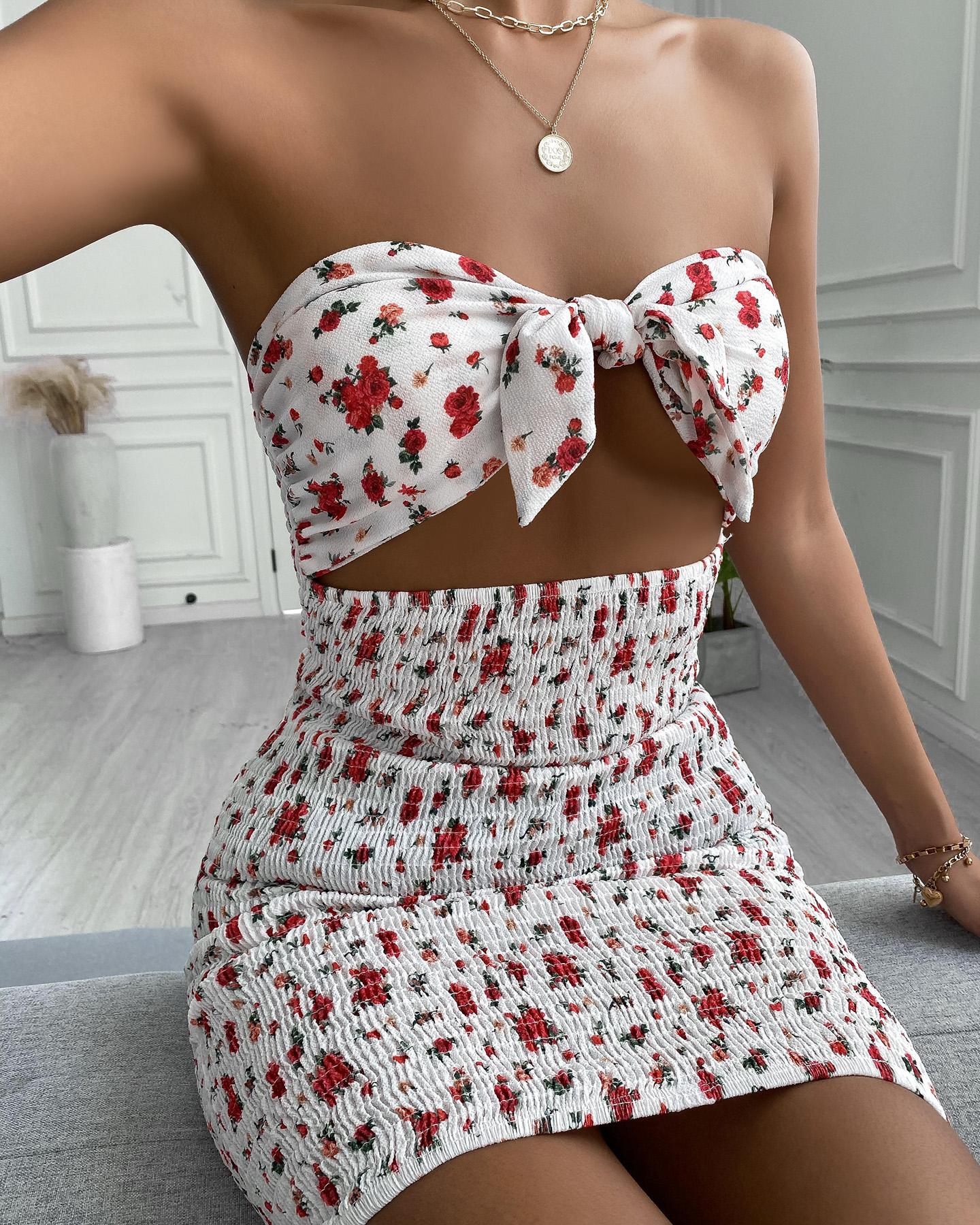 

Bandeau Floral Print Mini Dress, White