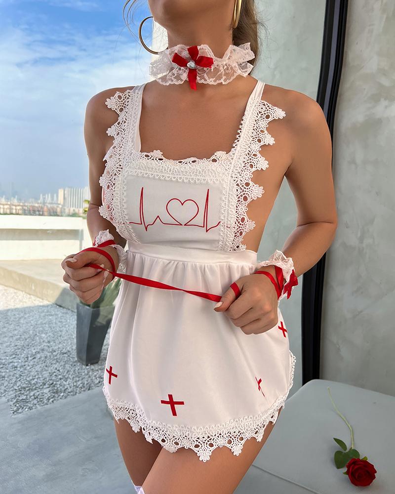

Heart Cross Print Lace Trim Nurse Costume, White