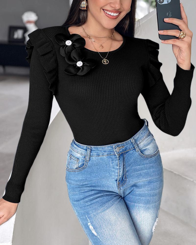 

Floral Decor Ruffle Hem Long Sleeve Knit Sweater Top, Black