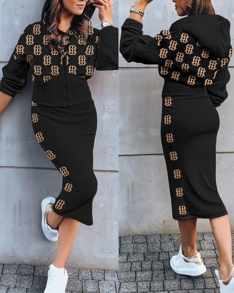

Graphic Print Zipper Design Hooded Sweatshirt & Skirt Set, Black