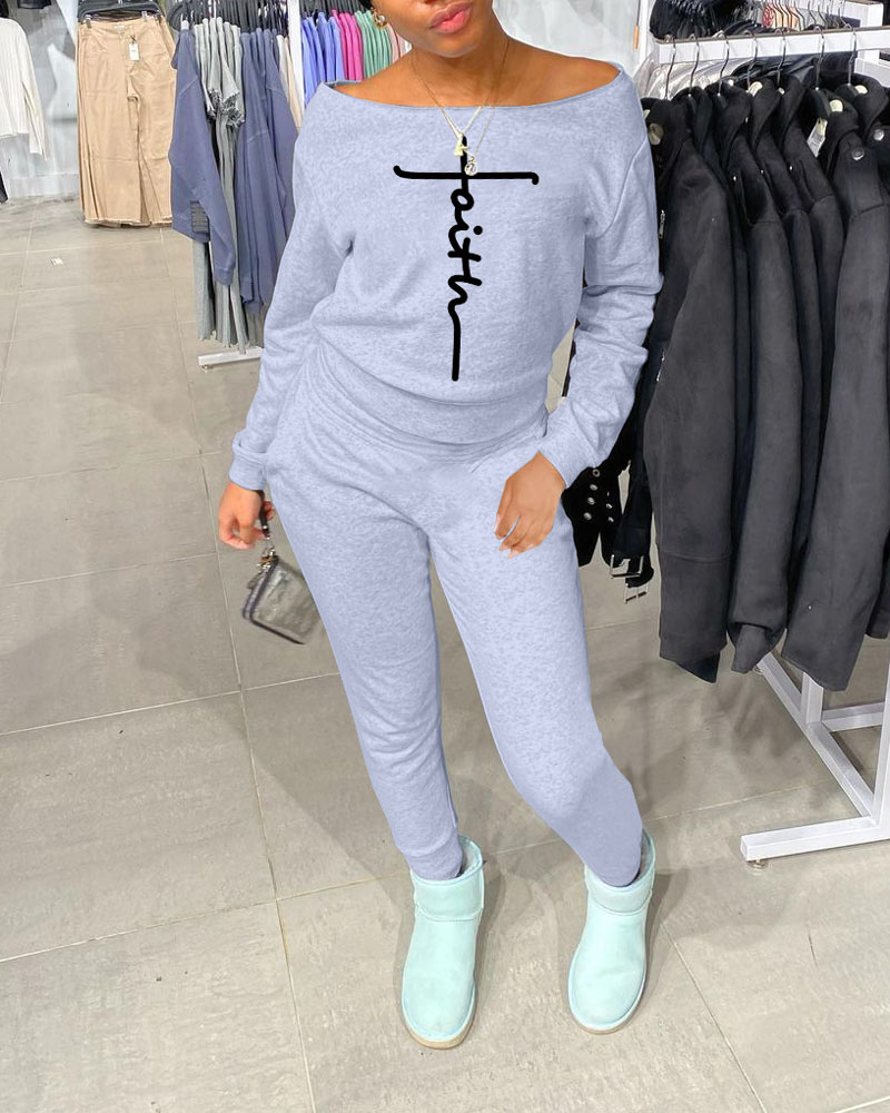 

Letter Print Long Sleeve Top & Pants Set, Gray