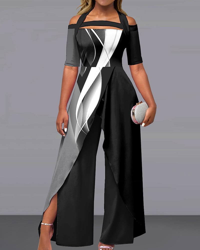 

Abstract Print Colorblock Slit Wide Leg Jumpsuit, Black