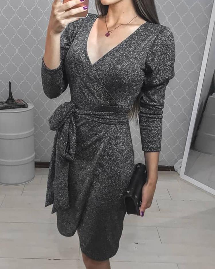 

Glittering Tied Waist Wrap Bodycon Women Dress, Dark grey