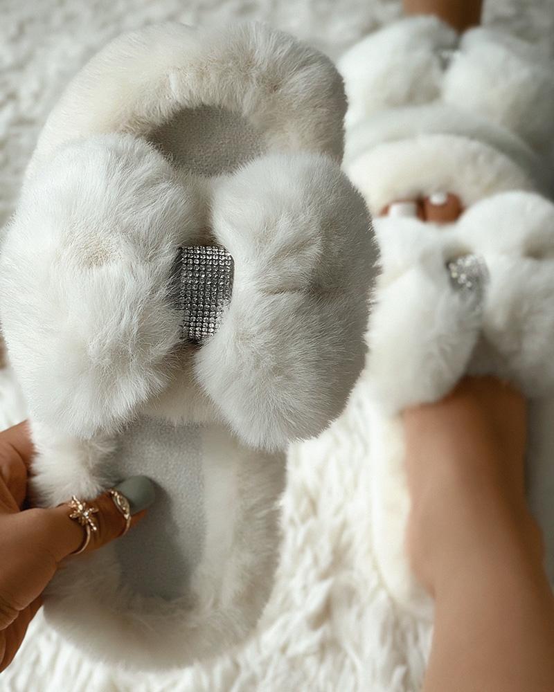 

Fuzzy Bowknot Design Slippers, Beige
