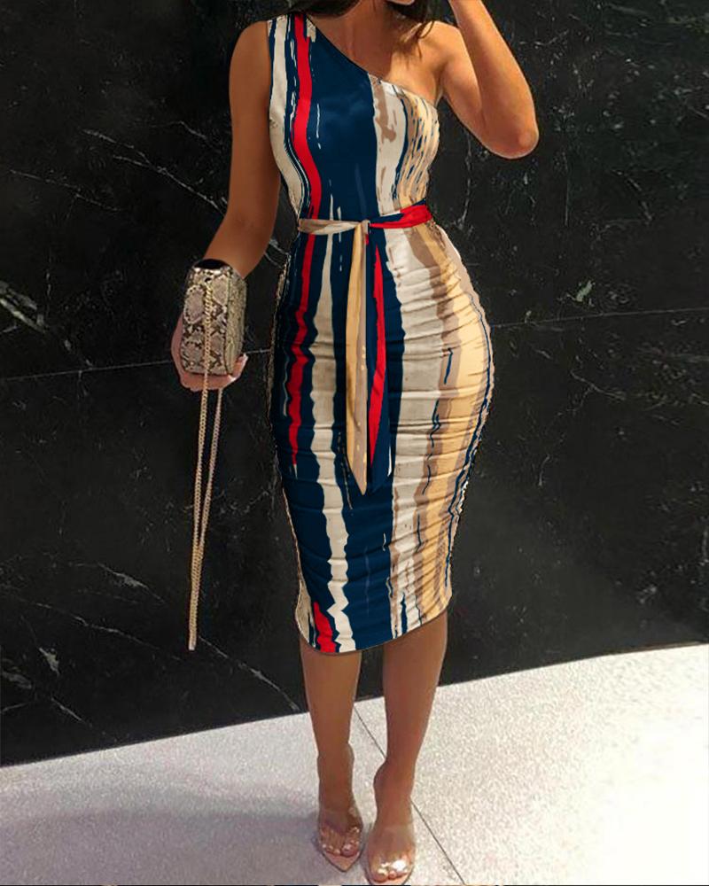 

Abstract Print One Shoulder Ruched Bodycon Dress, Multicolor