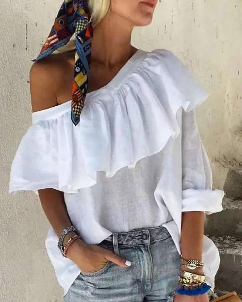 

Ruffle Hem Long Sleeve One Shoulder Top, White