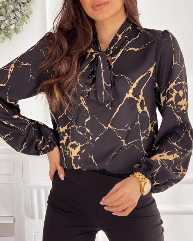 

Marble Print Long Sleeve Tie Neck Top, Black