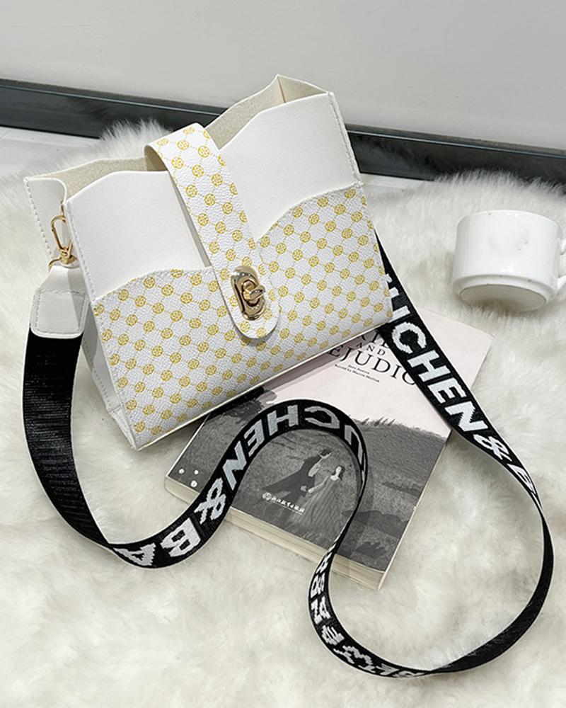 

Graphic Print Letter Tape Strap Crossbody Shoulder Bag, White