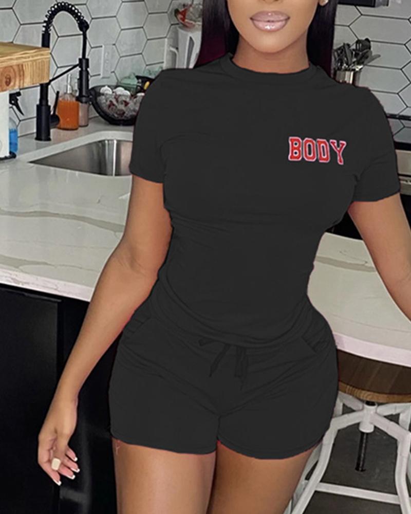 

Letter Print Casual Top & Drawstring Shorts Set, Black