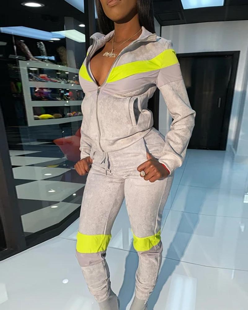 

Velvet Colorblock Sweatshirt Coat Pants Set, Silver
