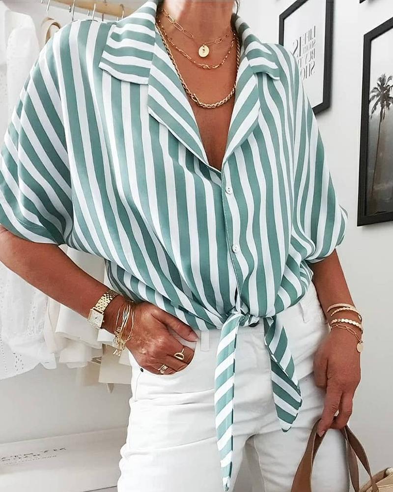 

Tied Detail Striped Button Front Top, Green