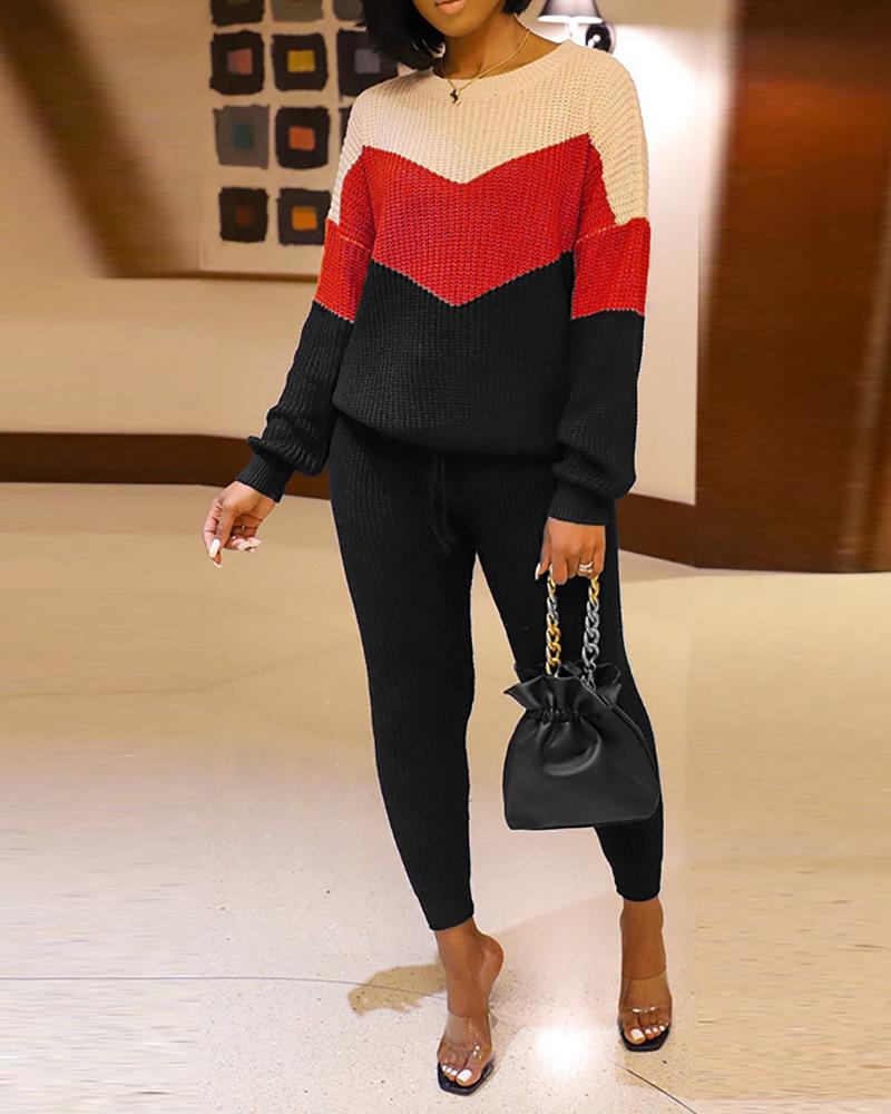 

Colorblock Lantern Sleeve Sweater & Drawstring Pants Set, Red