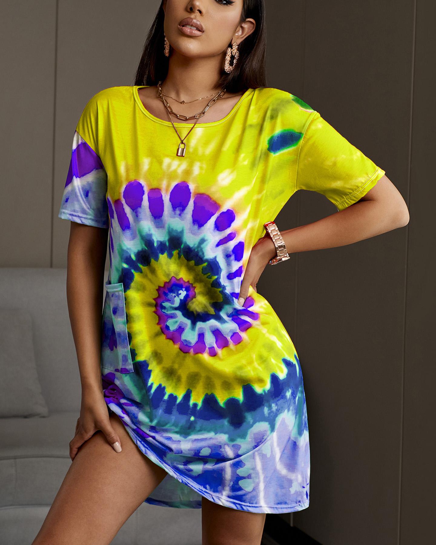 

Colorful Tie Dye Print Casual Women Dress, Yellow