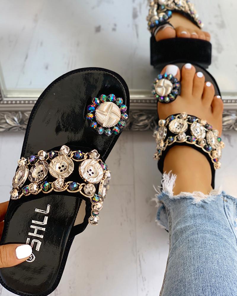 

Studded Detail Toe Ring Flat platform sandals, Black