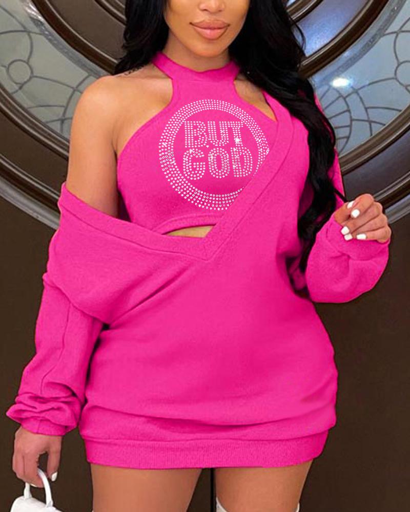 

Rhinestone Letter Pattern Tank Top & Dress Set, Hot pink
