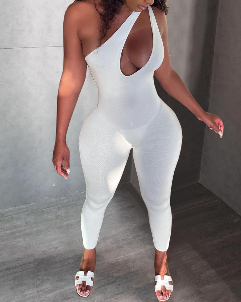

One Shoulder Cutout Front Skinny Jumpsuit, White