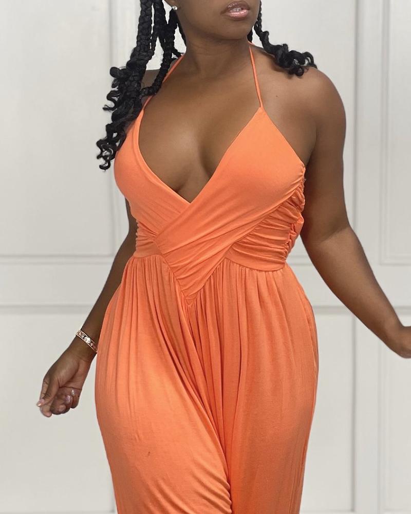 

Halter Backless Ruched Wide Legs Jumpsuit, Orange