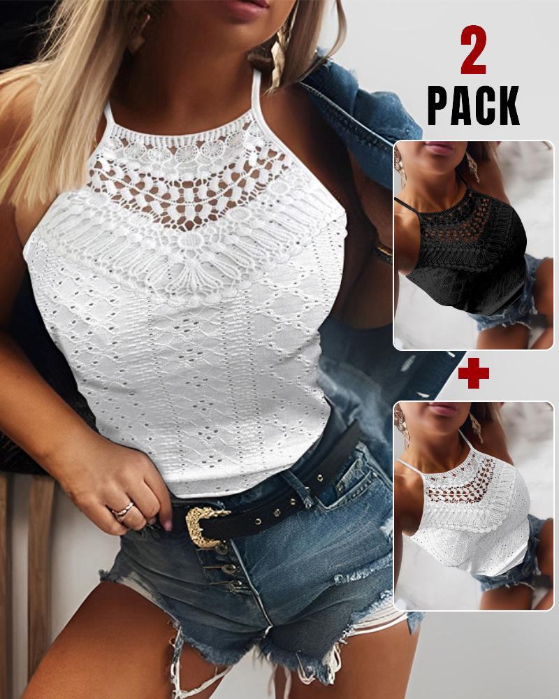 

2 peças Halter Lace Up Water Soluble Lace Trim sem mangas Tank Jacquard Casual Slim Fit Knit Top, Style1