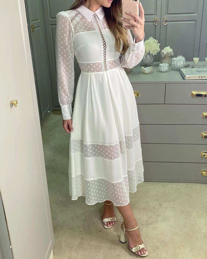 

Dot Mesh Hollow Out Lace Patch Shirt Dress, White
