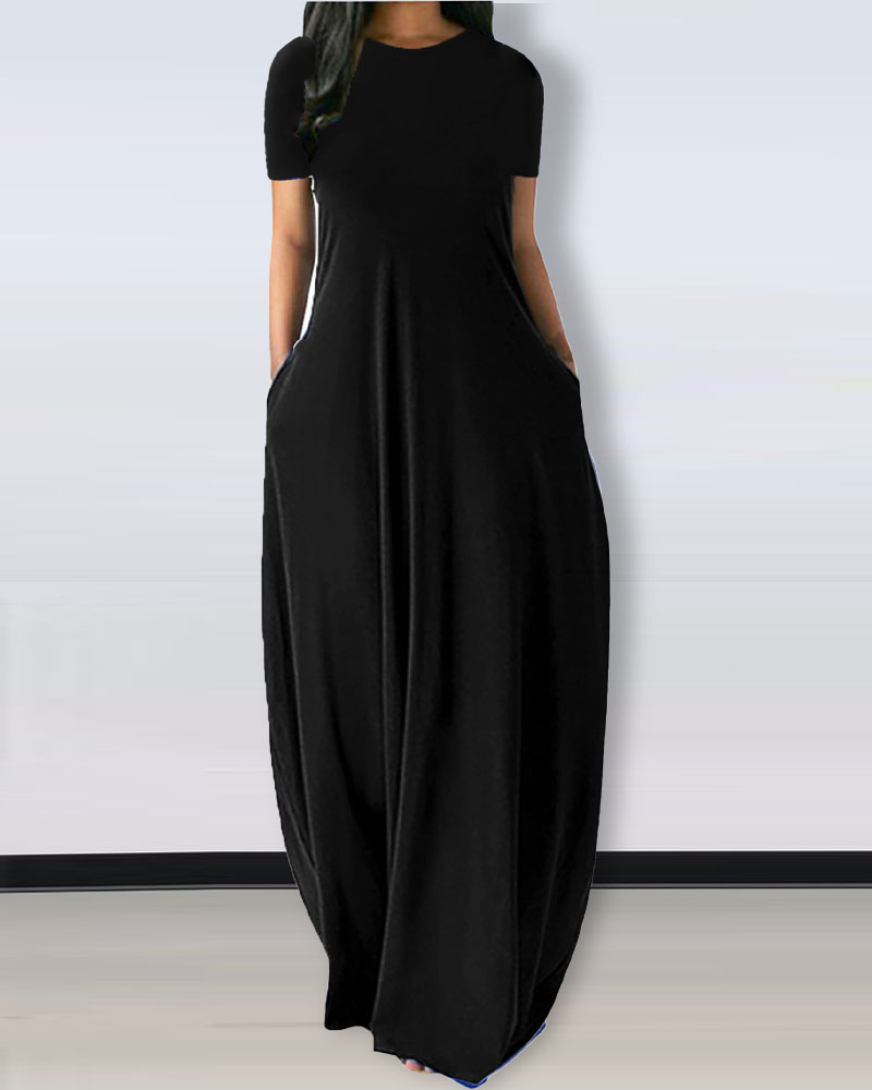 

Short Sleeve Pocket Detail Casual Dress, Black