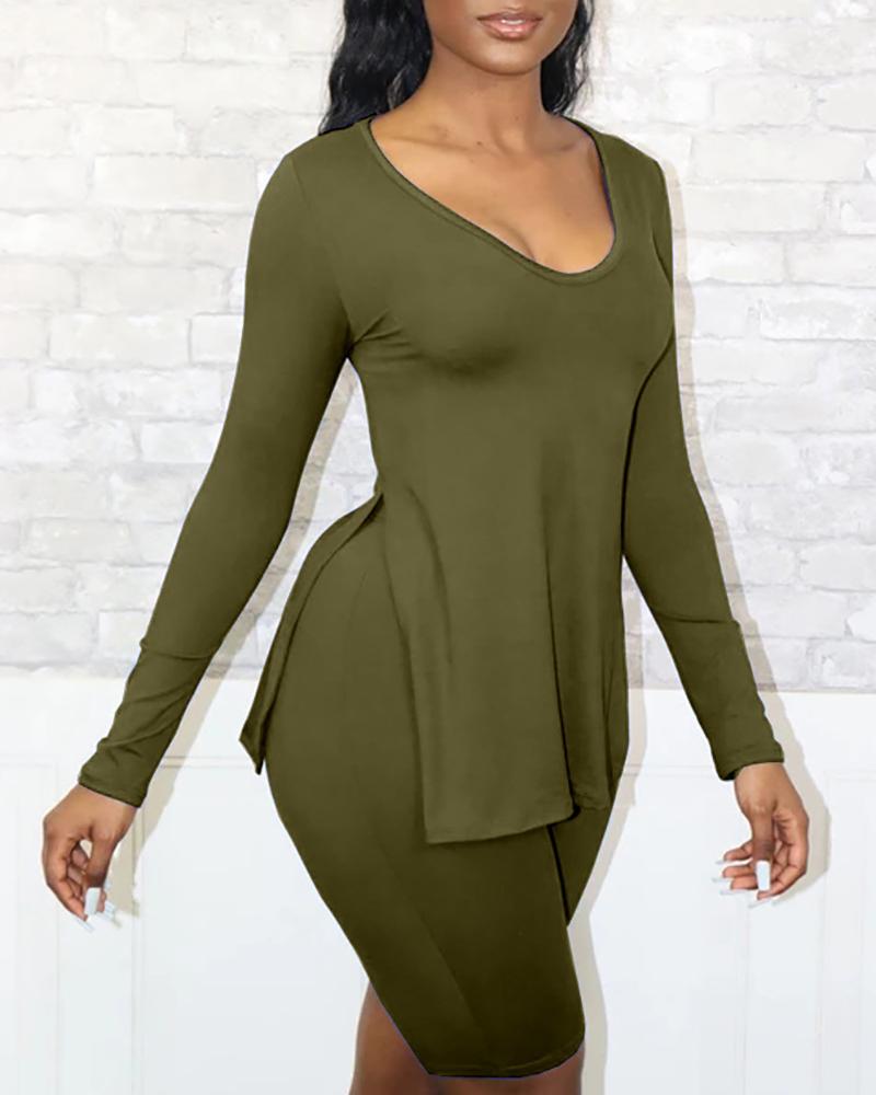 

Long Sleeve Slit Top & High Waist Shorts Set, Green