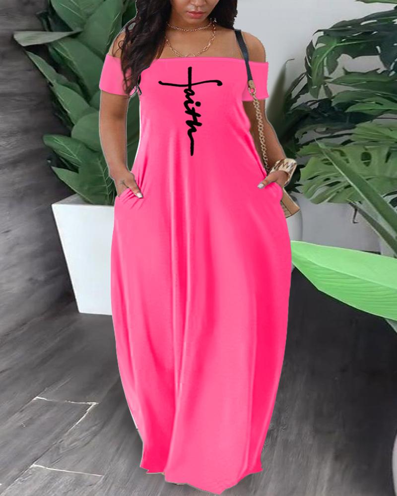 

Plus Size Faith Print Off Shoulder Maxi Dress, Hot pink