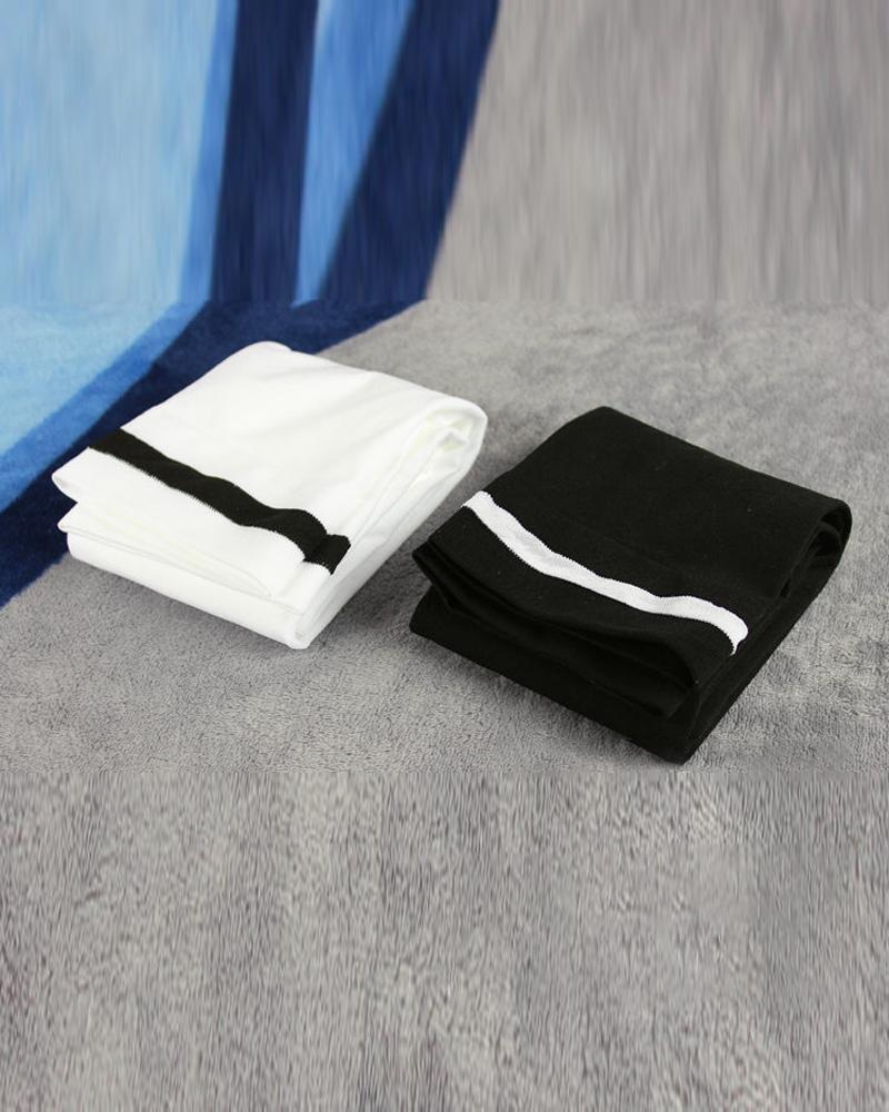 

Striped Trim Velvet Leg Warmers Over Knee Thigh High Socks, Black
