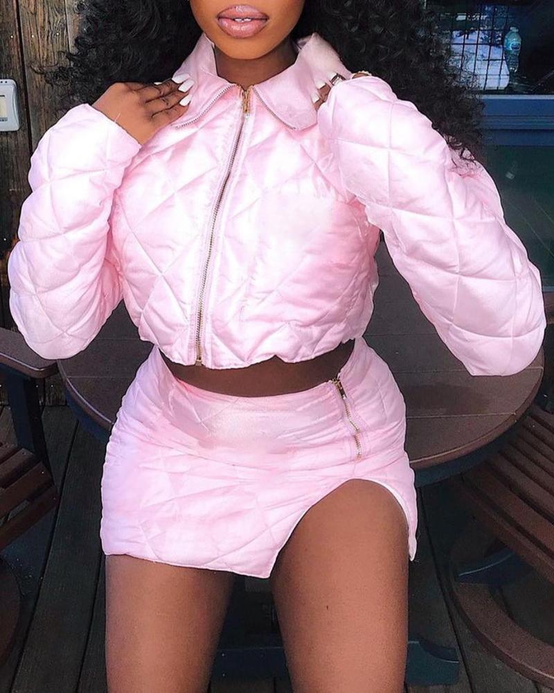 

Zipper Design Quilted Long Sleeve Puffer Coat & Slit Skirt Set, Pink