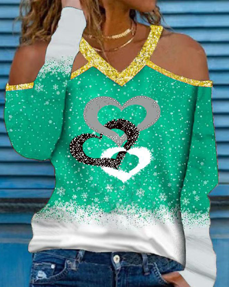 

Christmas Snowflake Heart Print Cold Shoulder Top, Green