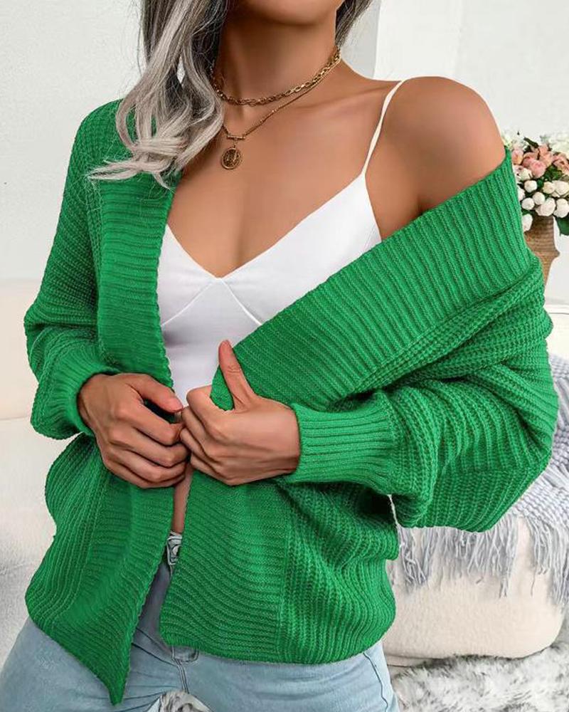 

Open Front Lantern Sleeve Knit Casual Cardigan, Green