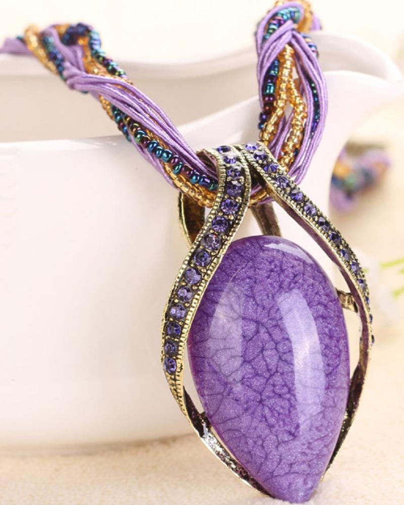 

1pc Bohemian Oval Stone Braided Pendant Necklace, Purple