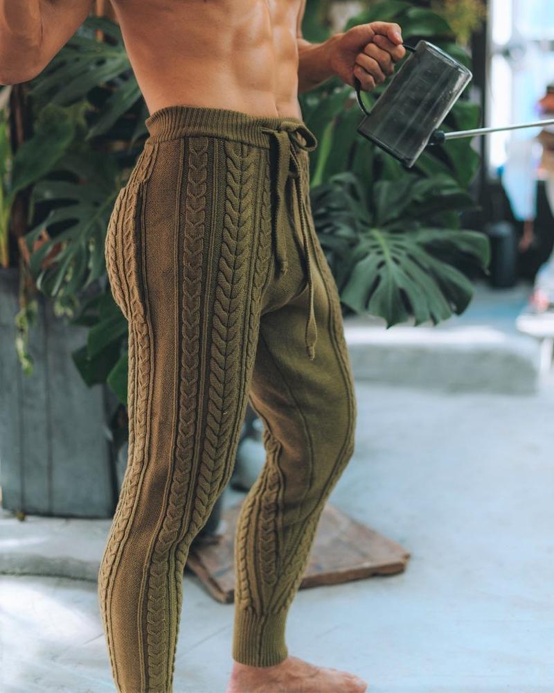 

Solid Color Twist Knit Lace-up Long Pants, Green
