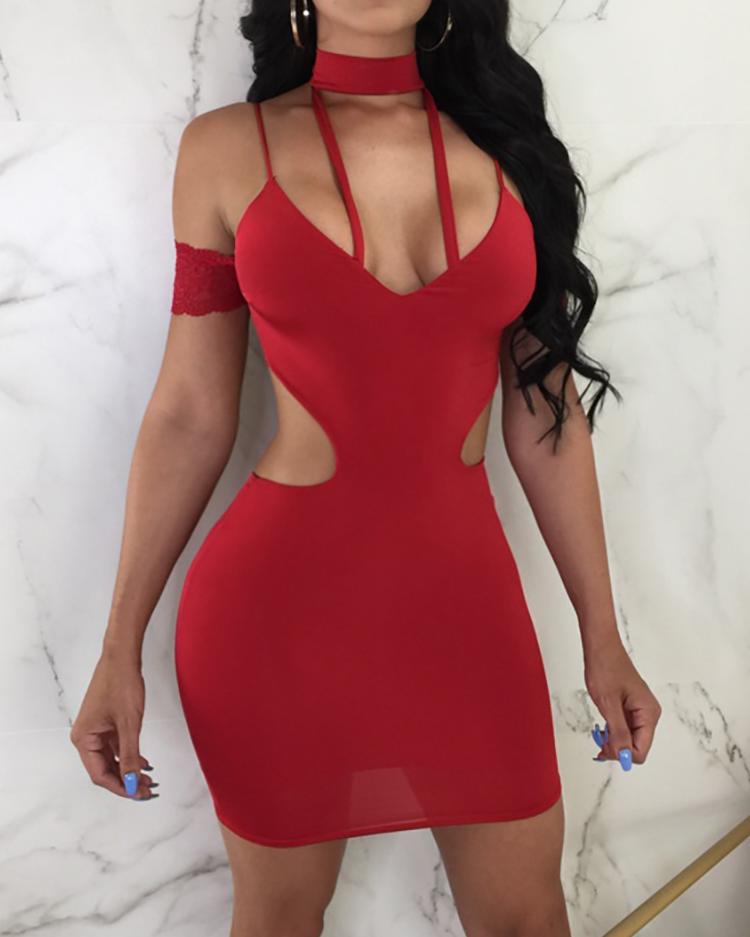 

Strappy Cold Shoulder Backless Choker Neck Slip Party Dress, Red
