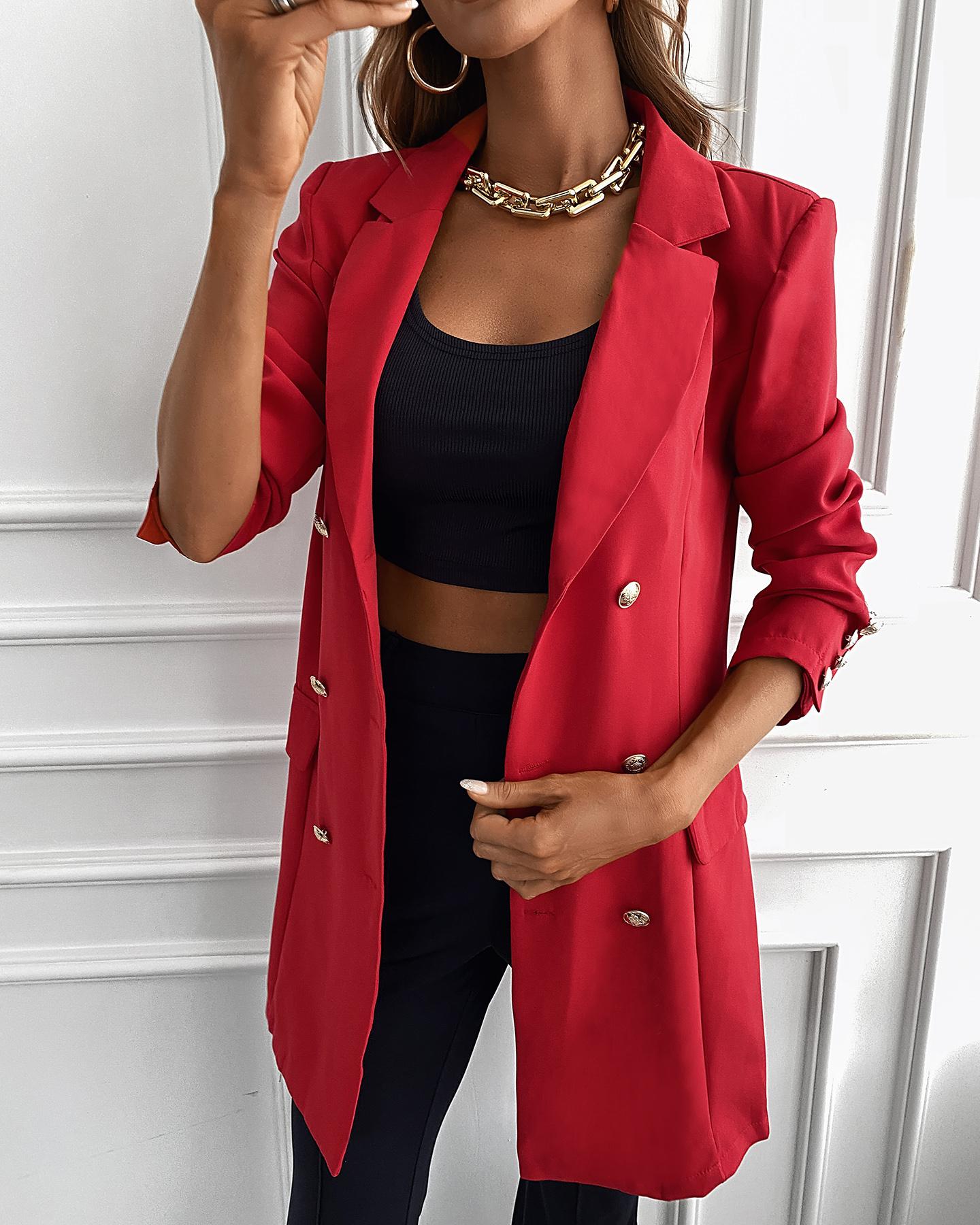

Double Breasted Pocket Design Long Sleeve Blazer Coat, Red