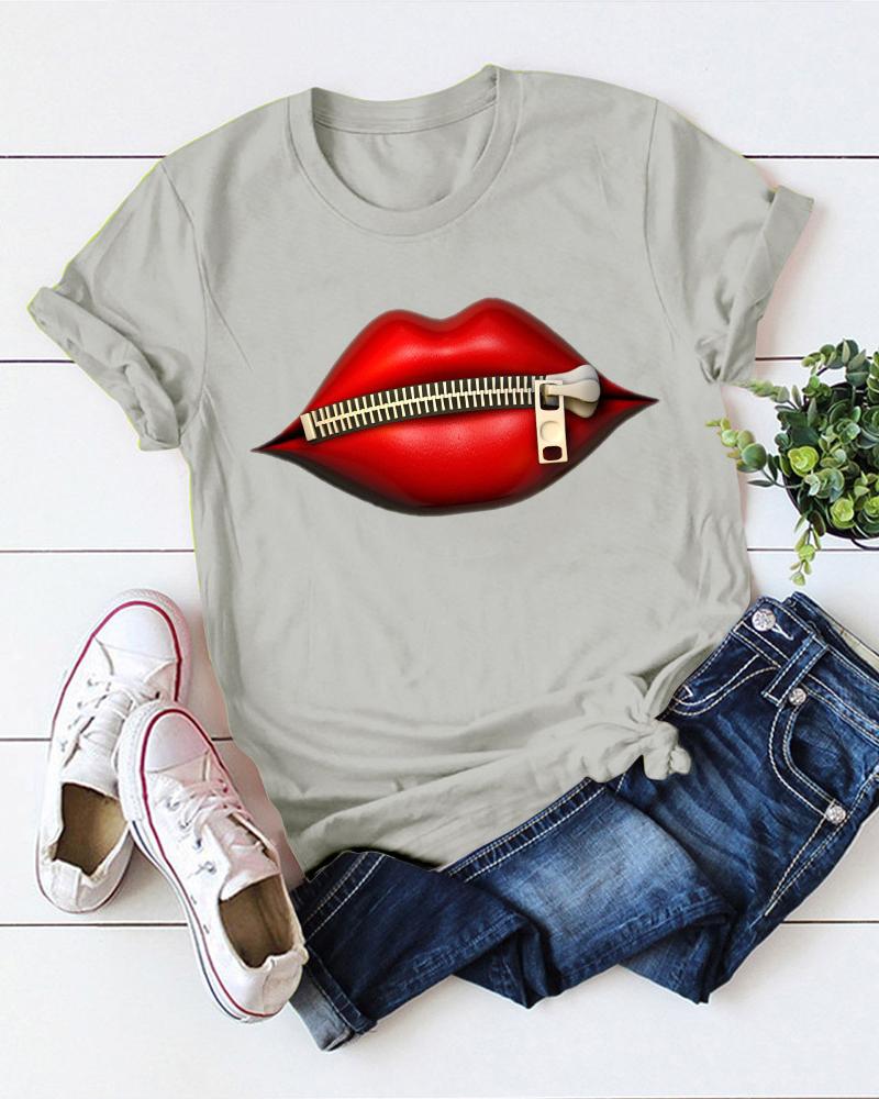 

Zipper Lip Print Short Sleeve T-Shirt, Gray