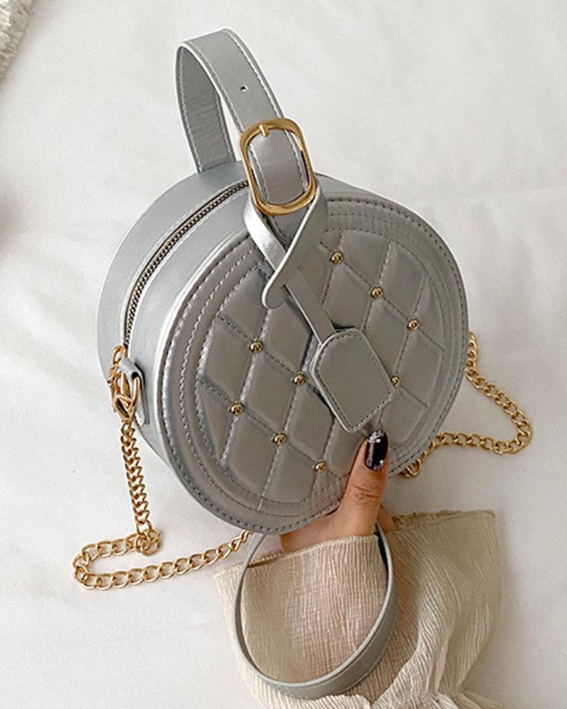 

Studded Quilted Round Crossbody Bag, Silver