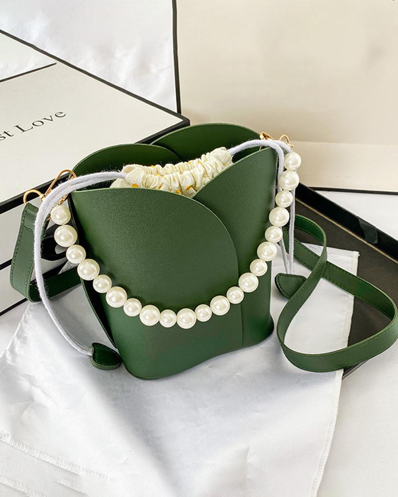 

Pearls Strap Pastel Color Drawstring Bucket Shoulder Bag, Green