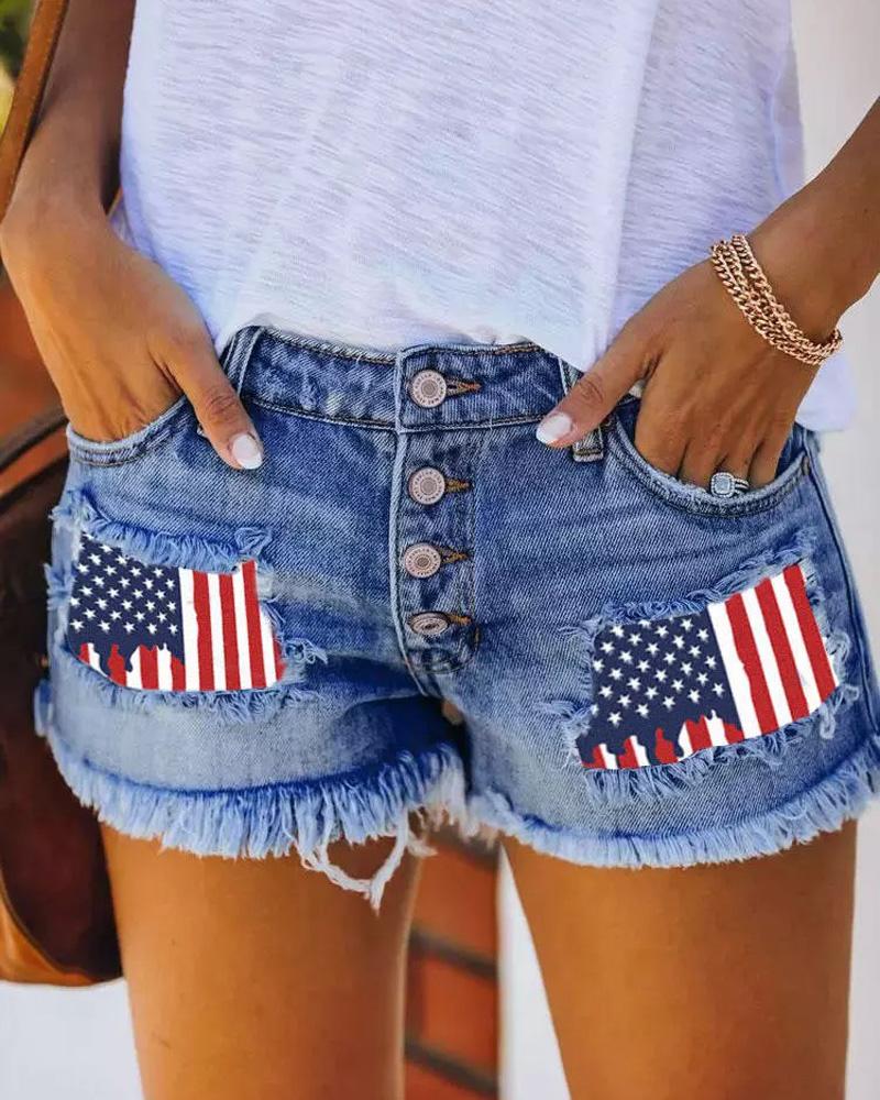 Independence Day Flag Print Buttoned Fringe Denim Shorts