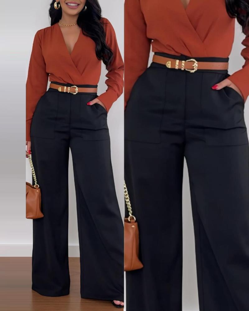 

High Waist Pocket Design Flared Pants Casual Loose Fit Pants, Black