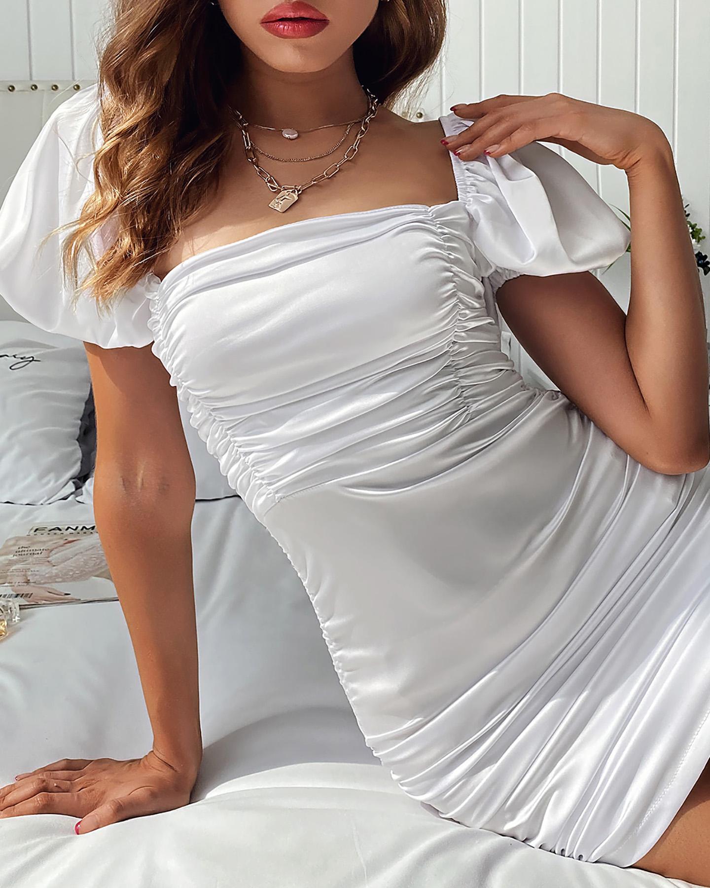 

Ruched Puffed Sleeve Drawstring Satin Dress, White