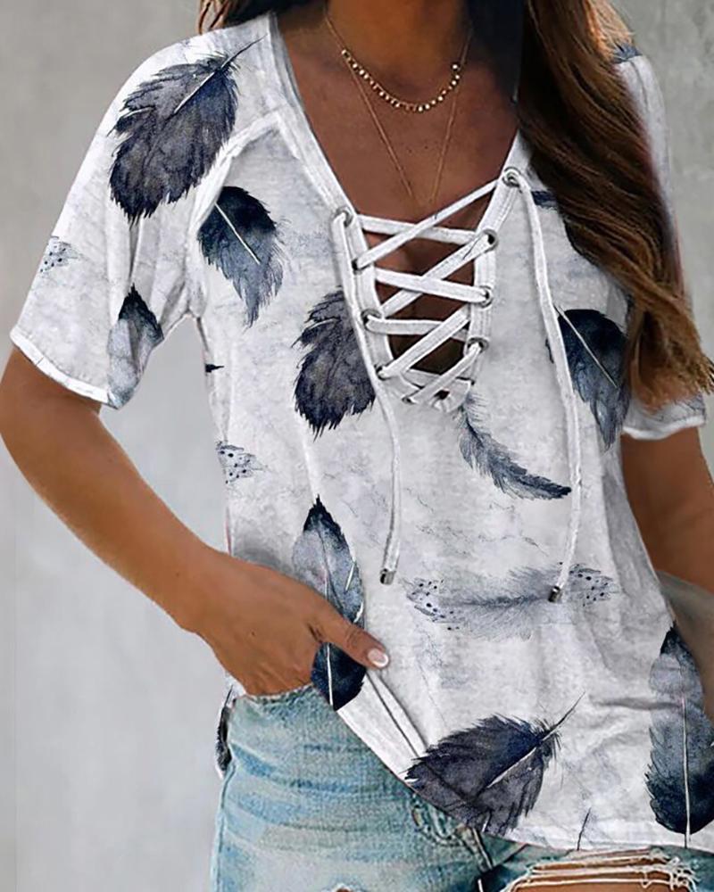 

Feather Print Eyelet Lace-up T-shirt, White