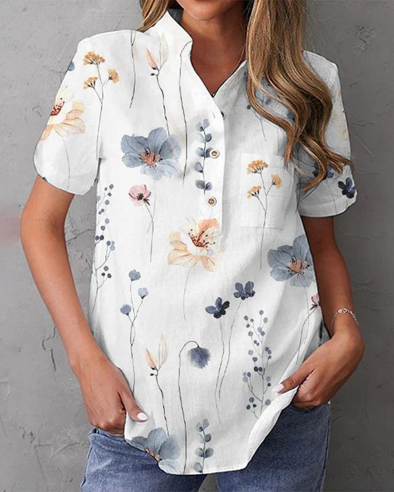 

Floral Print Stand Collar Top, White