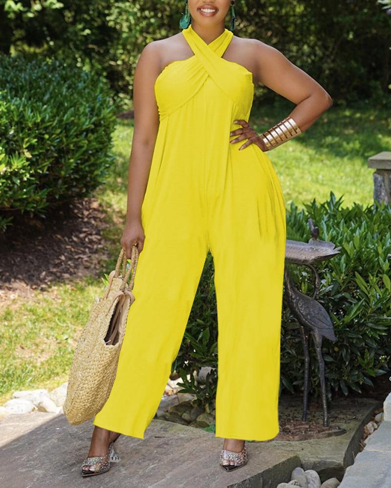 

Crisscross Halter Pocket Detail Sleeveless Jumpsuit, Yellow