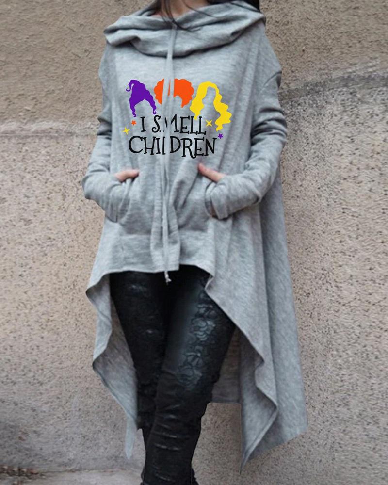 

Halloween Letter Print Dip Hem Hooded Sweatshirt, Gray
