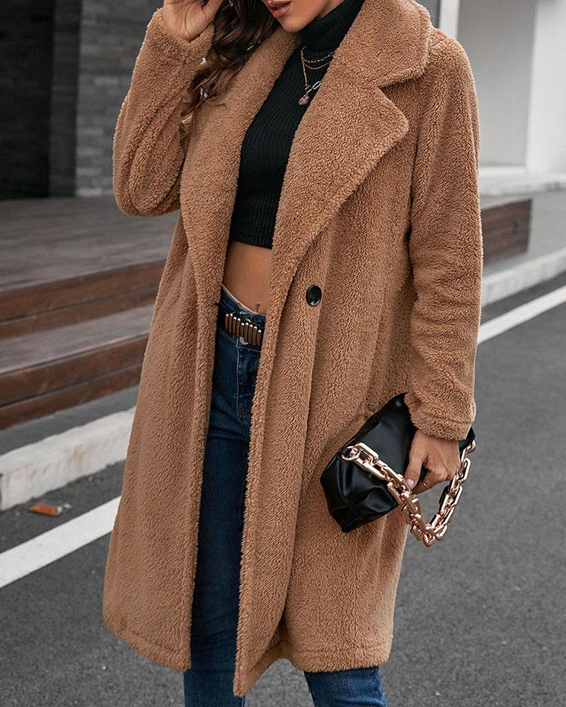 

Pocket Button Design Long Sleeve Teddy Coat, Khaki